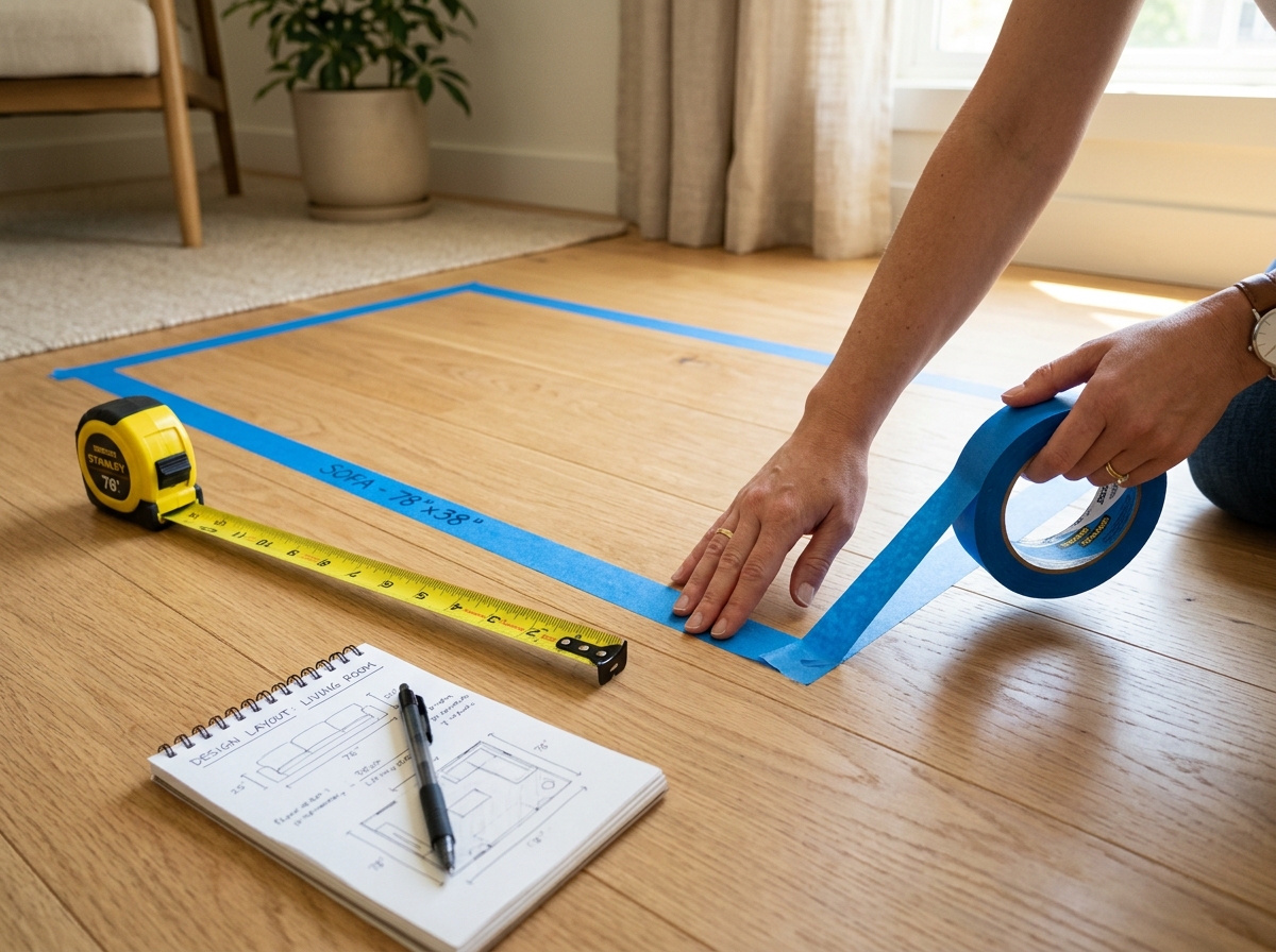 Painter's tape marking new apartment dimensions on a floor to test furniture fit