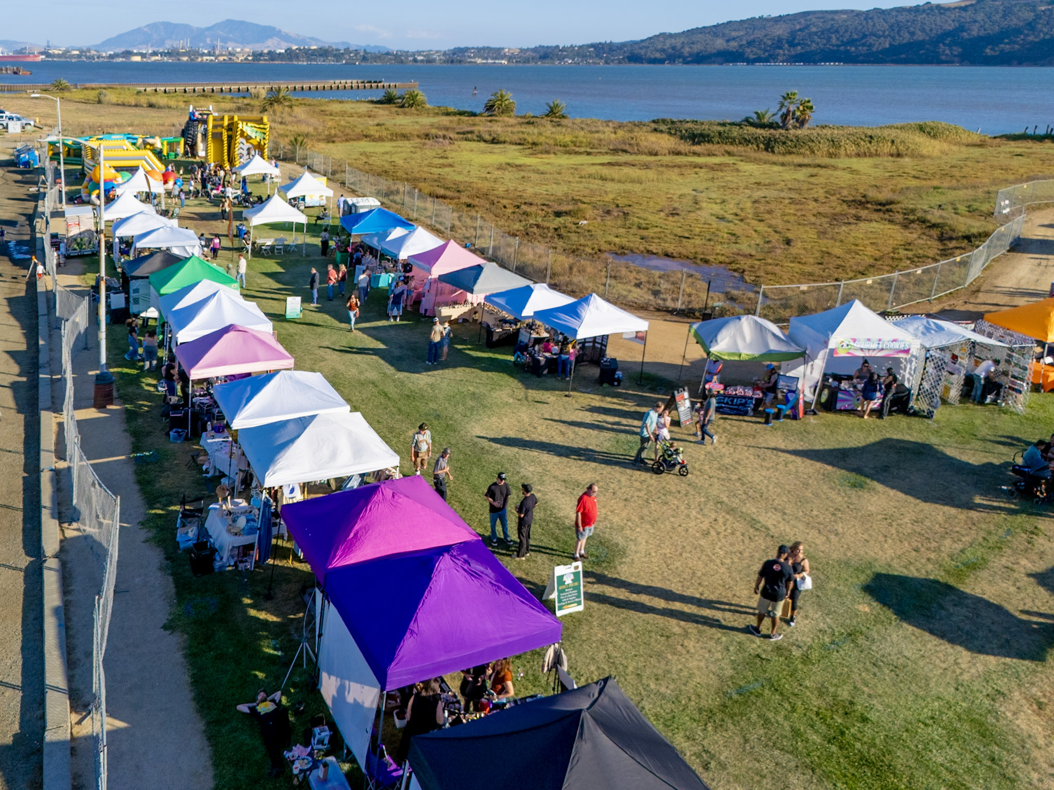 Artisan marketplace vendor booths along the festival green with waterfront views