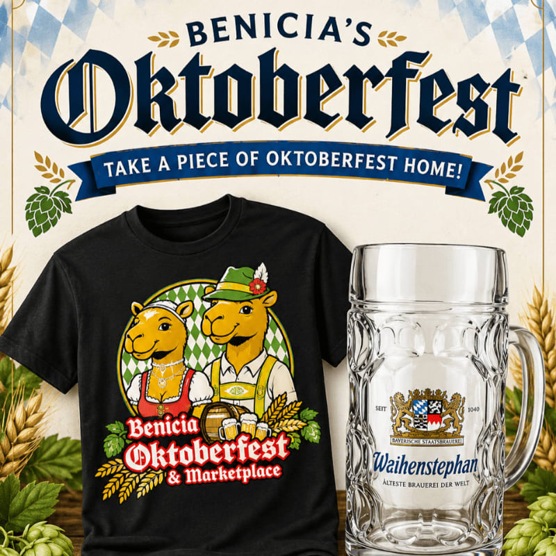 Official Benicia Oktoberfest t-shirts and authentic glassware beer steins